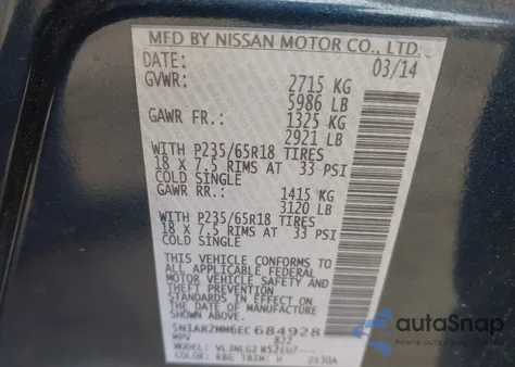 2014 Nissan Pathfinder Sl z USA, uszkodzony, nr VIN 5N1AR2MM6EC684928